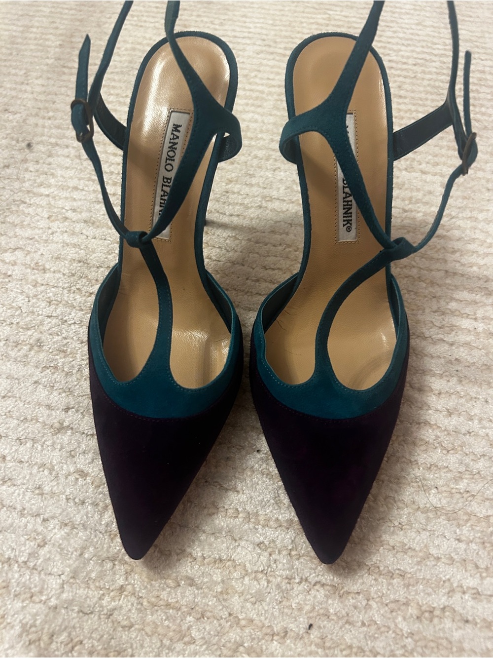 Manolo Blahnik Teal and Purple  Suade Pointed T-Strap Slingbacks